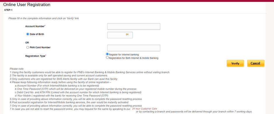 Verify details for registration of net banking in PNB